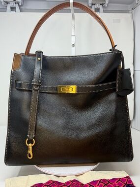 Tory Burch Lee Radziwill Large Double Satchel Bag Black Leather Suede